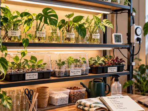 Indoor plant propagation shelf with LED grow lights, labeled plant cuttings in water jars, seedling trays, humidity domes, and organized gardening supplies.