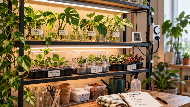 Indoor plant propagation shelf with LED grow lights, labeled plant cuttings in water jars, seedling trays, humidity domes, and organized gardening supplies.
