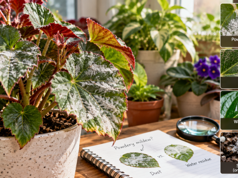Powdery mildew on indoor begonia leaves showing white fungal patches, with visual comparisons of ordinary dust, water residue, and soil fungus.