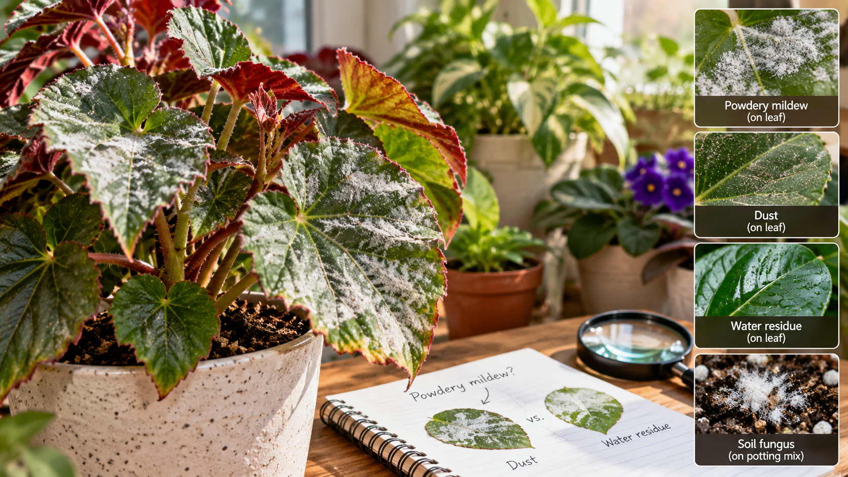 Powdery mildew on indoor begonia leaves showing white fungal patches, with visual comparisons of ordinary dust, water residue, and soil fungus.