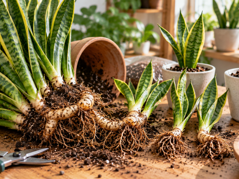 Snake plant propagation by division showing separated rhizomes, healthy roots, and variegated snake plant offsets ready for repotting into individual containers