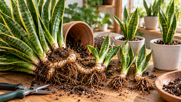 Snake plant propagation by division showing separated rhizomes, healthy roots, and variegated snake plant offsets ready for repotting into individual containers