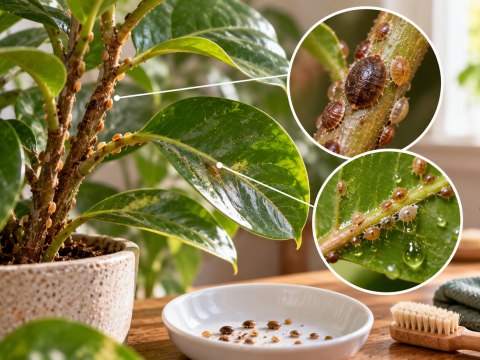 Close-up of brown scale insects clustered along the stems and leaf joints of an indoor ficus plant, showing a common houseplant pest infestation