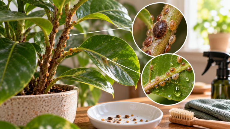 Close-up of brown scale insects clustered along the stems and leaf joints of an indoor ficus plant, showing a common houseplant pest infestation