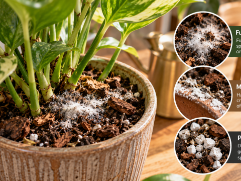 White fungal growth on indoor houseplant potting soil, with close-up comparisons of fuzzy mold, mineral salt deposits, and perlite particles.
