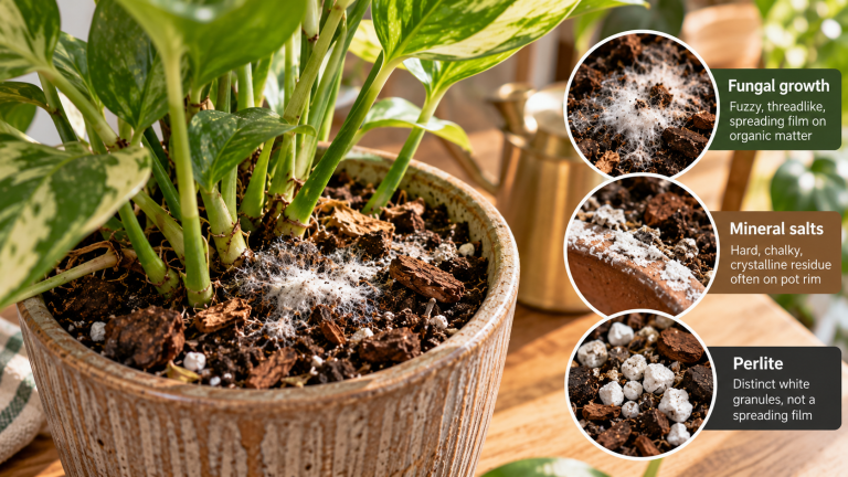 White fungal growth on indoor houseplant potting soil, with close-up comparisons of fuzzy mold, mineral salt deposits, and perlite particles.
