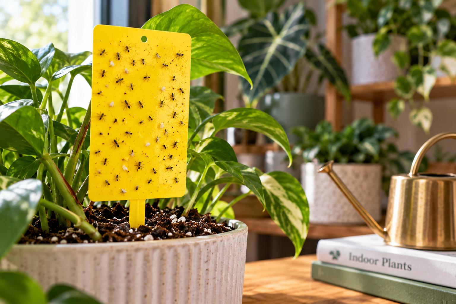 Yellow sticky trap covered with small flying insects, including fungus gnats, placed in the soil of a potted houseplant to monitor indoor plant pests.