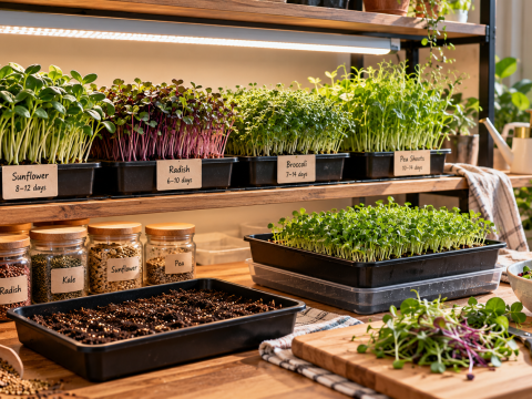 Indoor microgreens growing in shallow trays under LED grow lights, featuring sunflower, radish, broccoli, and pea shoots with seeds and freshly harvested greens.