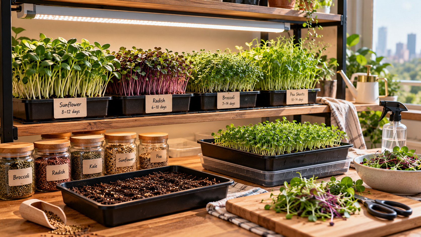 Indoor microgreens growing in shallow trays under LED grow lights, featuring sunflower, radish, broccoli, and pea shoots with seeds and freshly harvested greens.