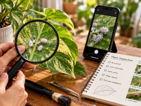 Inspecting houseplant leaves for pests with a magnifying glass, smartphone macro photography, and a plant inspection checklist to identify mealybugs, spider mites, and scale insects.