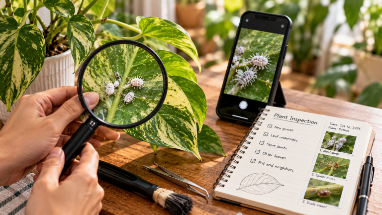 Inspecting houseplant leaves for pests with a magnifying glass, smartphone macro photography, and a plant inspection checklist to identify mealybugs, spider mites, and scale insects.