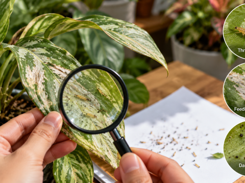 Thrips infestation on houseplant leaves showing slender adult insects, silvery feeding damage, and dark fecal spots during a close-up pest inspection.
