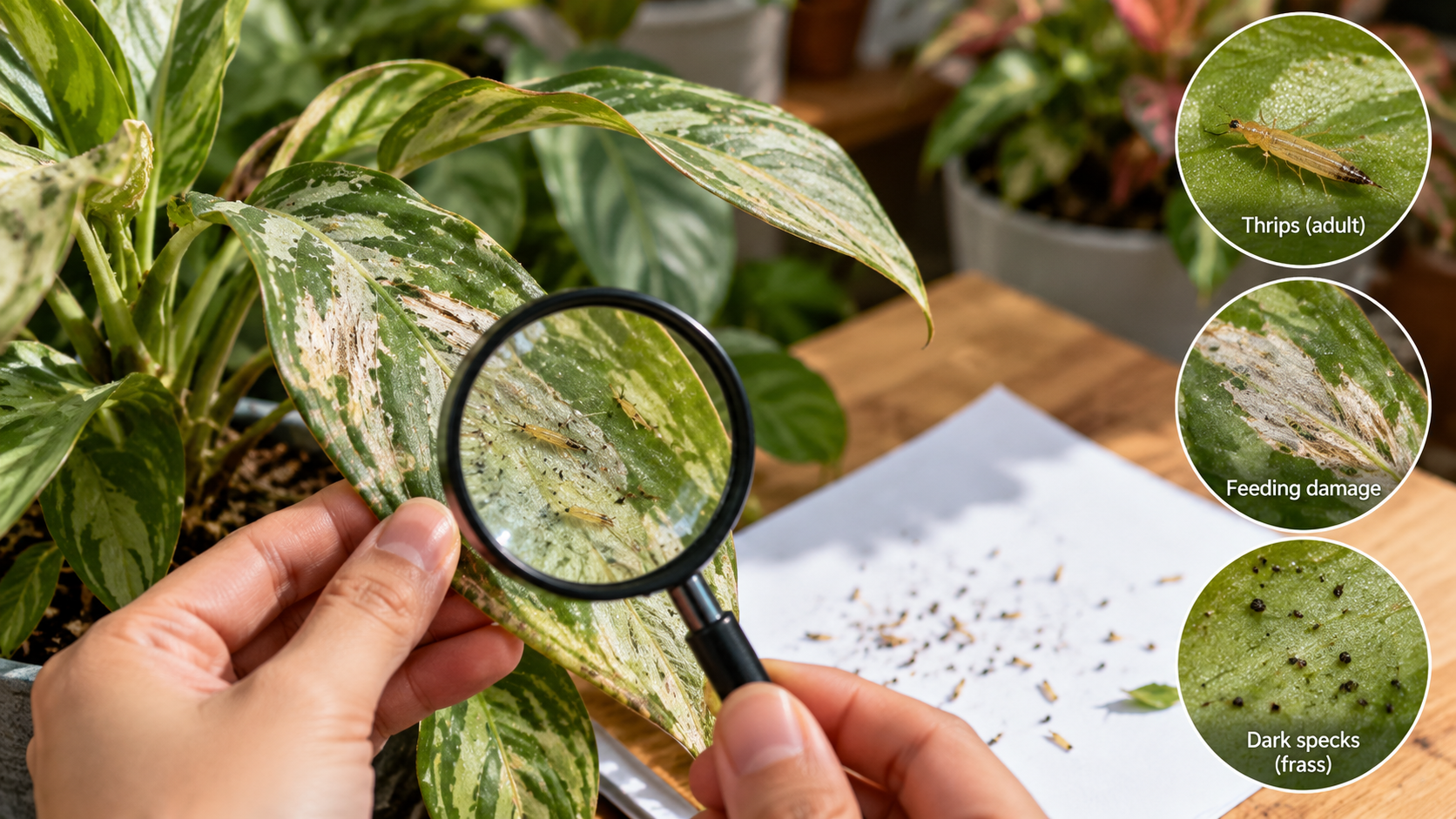 Thrips infestation on houseplant leaves showing slender adult insects, silvery feeding damage, and dark fecal spots during a close-up pest inspection.
