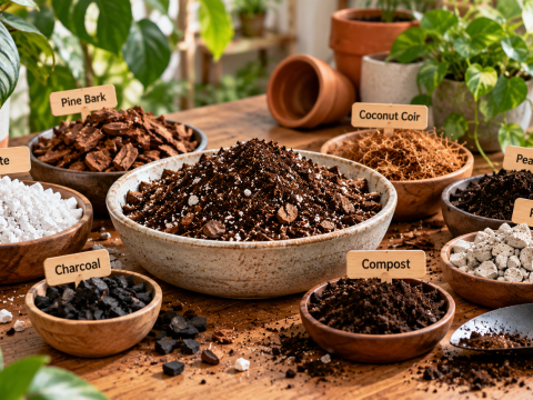 Different houseplant potting mix ingredients including perlite, pine bark, coconut coir, peat moss, pumice, and compost arranged around a prepared soil blend.