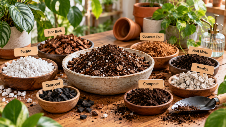 Different houseplant potting mix ingredients including perlite, pine bark, coconut coir, peat moss, pumice, and compost arranged around a prepared soil blend.