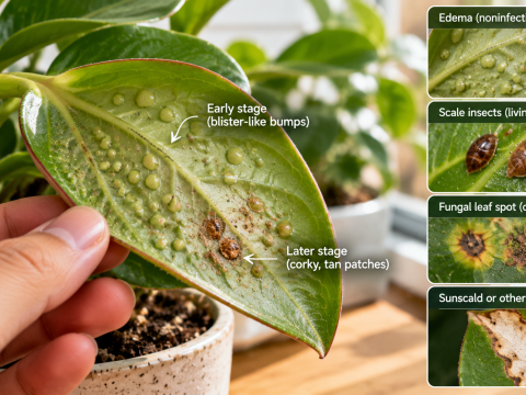 Houseplant leaf edema showing raised water-soaked blisters and brown corky scars, with visual comparisons to scale insects, fungal leaf spots, and sunscald damage.