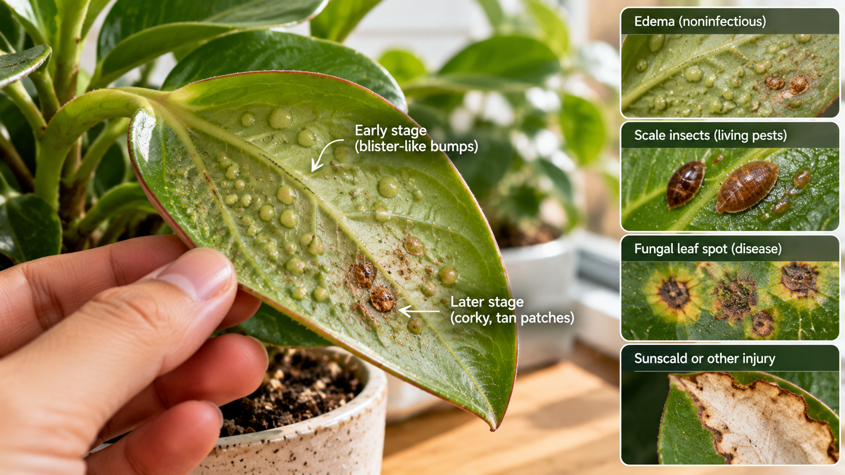 Houseplant leaf edema showing raised water-soaked blisters and brown corky scars, with visual comparisons to scale insects, fungal leaf spots, and sunscald damage.