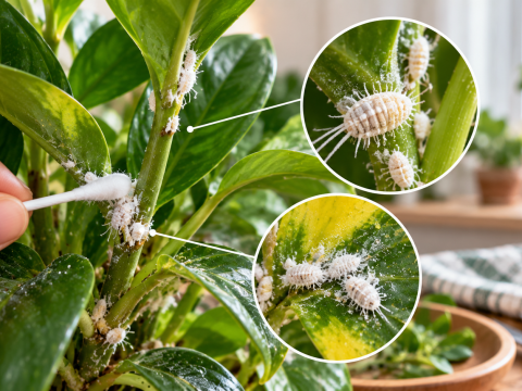 Mealybugs infesting the stems and leaves of an indoor houseplant, with close-up views of white cottony insects and a cotton swab used for careful pest removal