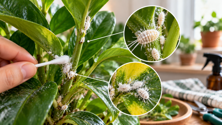 Mealybugs infesting the stems and leaves of an indoor houseplant, with close-up views of white cottony insects and a cotton swab used for careful pest removal
