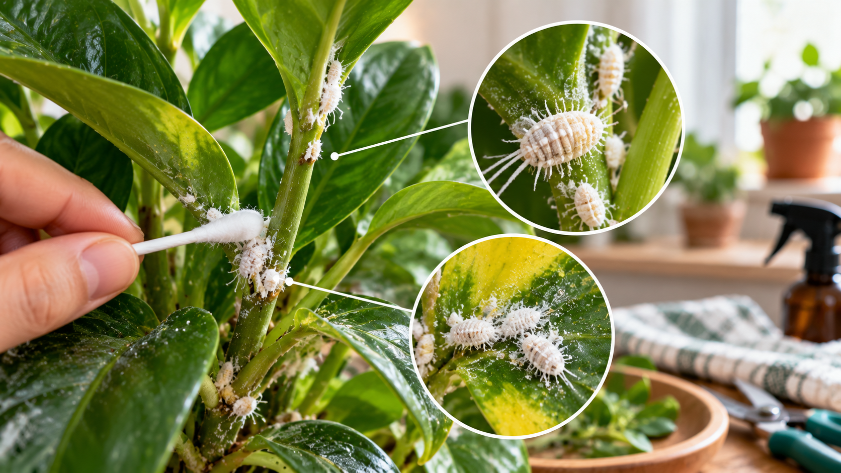 Mealybugs infesting the stems and leaves of an indoor houseplant, with close-up views of white cottony insects and a cotton swab used for careful pest removal