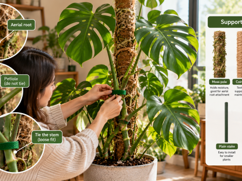 Monstera deliciosa being secured to a moss pole with a soft plant tie, showing proper stem support, aerial roots, and different climbing support options.