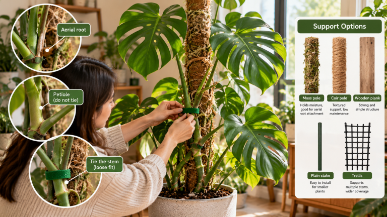 Monstera deliciosa being secured to a moss pole with a soft plant tie, showing proper stem support, aerial roots, and different climbing support options.