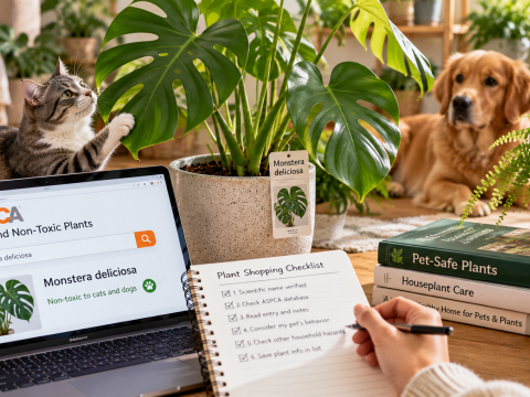 Pet owner checking Monstera deliciosa toxicity for cats and dogs using a plant safety database and botanical identification checklist.
