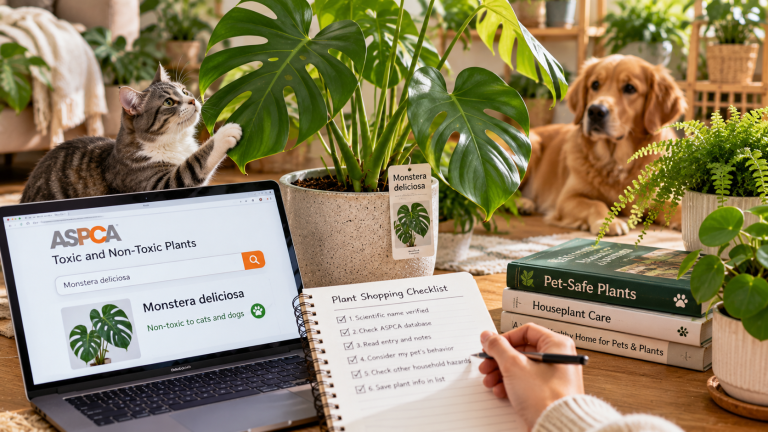 Pet owner checking Monstera deliciosa toxicity for cats and dogs using a plant safety database and botanical identification checklist.