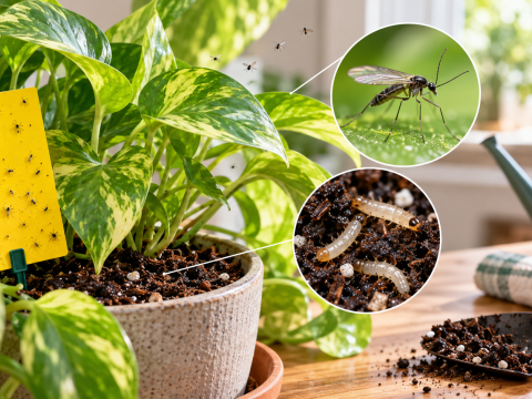 Fungus gnats infesting an indoor pothos plant, showing adult flies on a yellow sticky trap and close-up views of fungus gnat larvae in moist potting soil