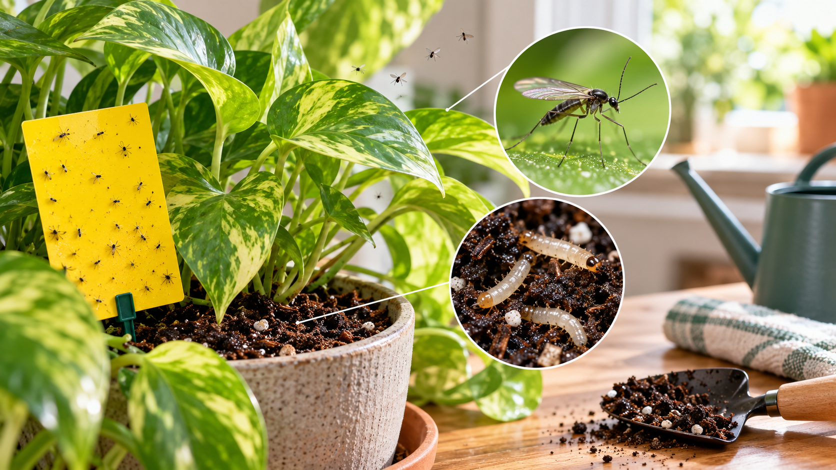 Fungus gnats infesting an indoor pothos plant, showing adult flies on a yellow sticky trap and close-up views of fungus gnat larvae in moist potting soil