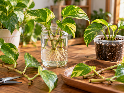Pothos propagation using water and soil methods, featuring healthy stem cuttings with visible roots in a glass jar and young pothos plants growing in potting mix