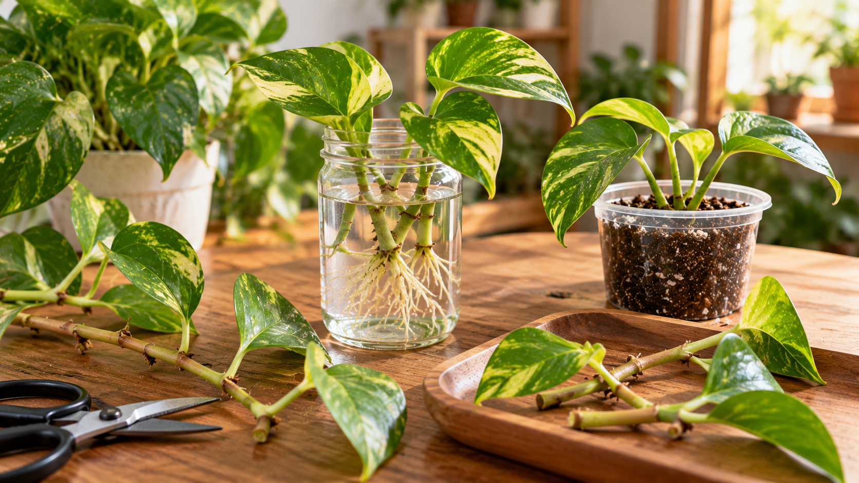 Pothos propagation using water and soil methods, featuring healthy stem cuttings with visible roots in a glass jar and young pothos plants growing in potting mix