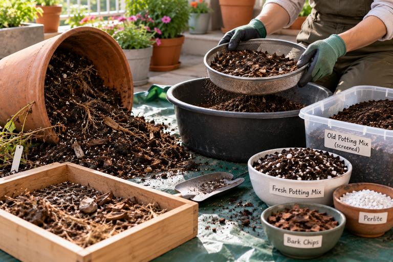 Gardener wearing gloves sifting used potting soil through a metal sieve, removing old roots and debris before mixing recycled soil with fresh potting mix, perlite, and bark chips.