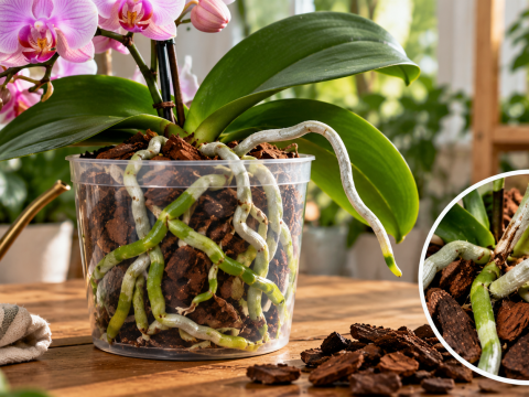 Phalaenopsis orchid growing in a transparent pot with visible green and silvery roots, aerial roots, and coarse bark potting medium for assessing orchid root health.