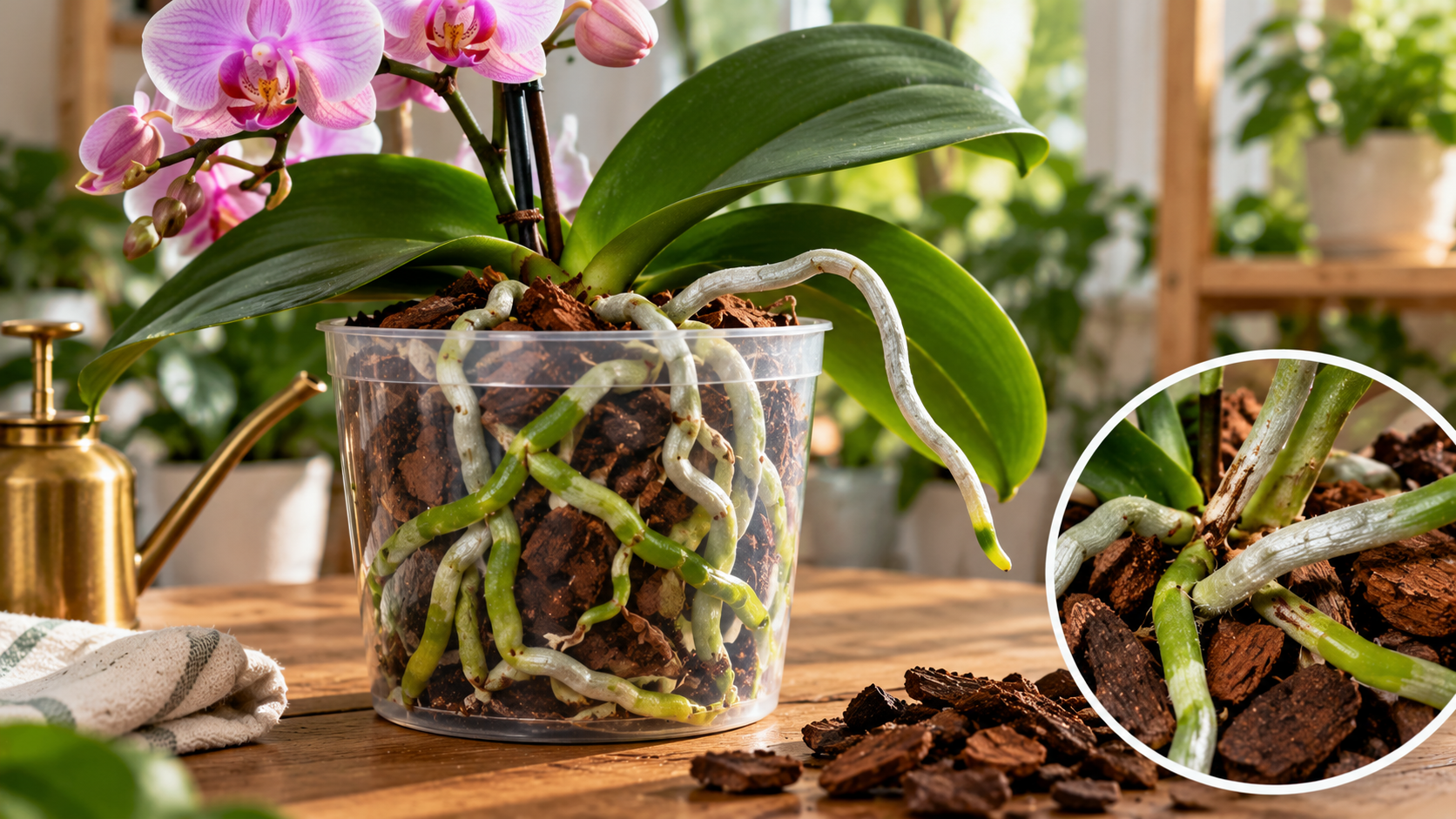 Phalaenopsis orchid growing in a transparent pot with visible green and silvery roots, aerial roots, and coarse bark potting medium for assessing orchid root health.