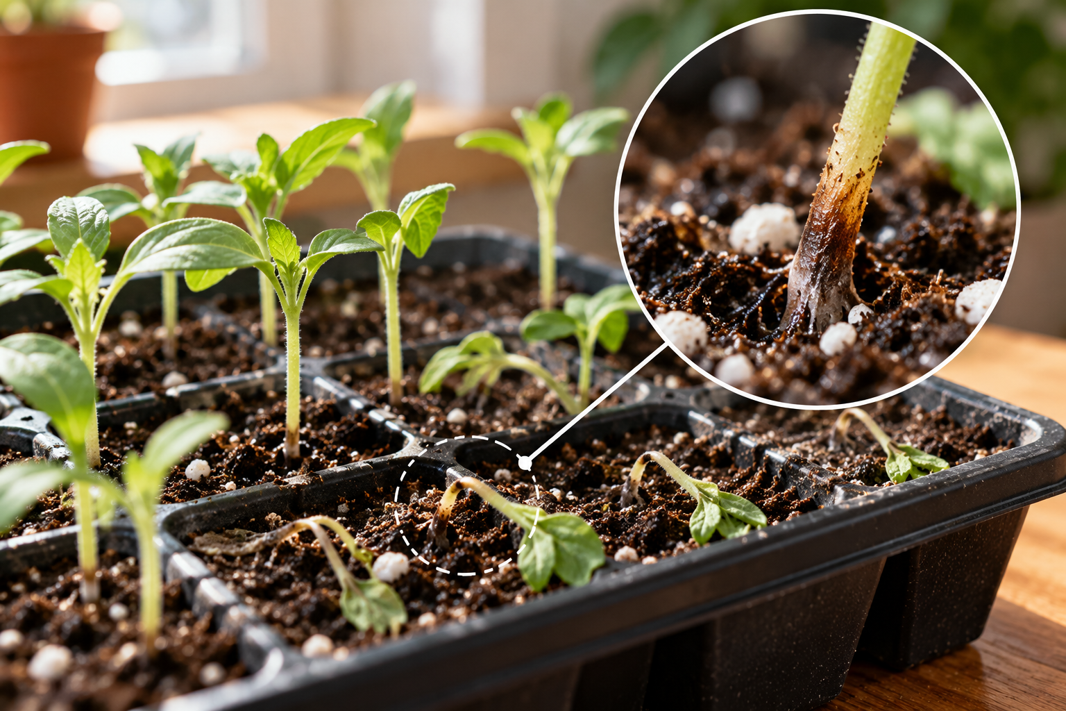 Seedling damping-off disease in a propagation tray, showing collapsed young plants with weakened, darkened stems at soil level and a magnified close-up of stem rot.