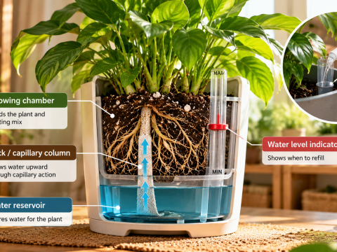 Cutaway view of a self-watering planter showing the water reservoir, capillary wick, plant roots, growing medium, and water level indicator.