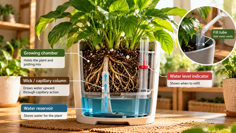 Cutaway view of a self-watering planter showing the water reservoir, capillary wick, plant roots, growing medium, and water level indicator.