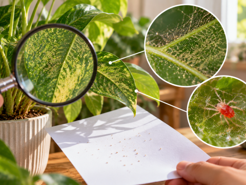 Spider mite damage on indoor houseplant leaves, showing yellow stippling, fine webbing, a magnified red spider mite, and a white paper test for detecting mites