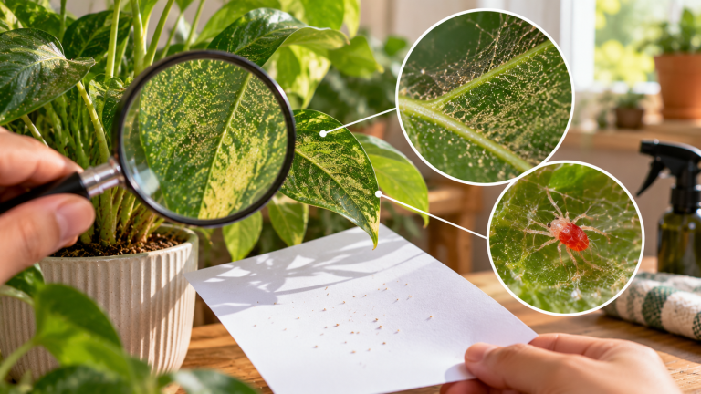 Spider mite damage on indoor houseplant leaves, showing yellow stippling, fine webbing, a magnified red spider mite, and a white paper test for detecting mites