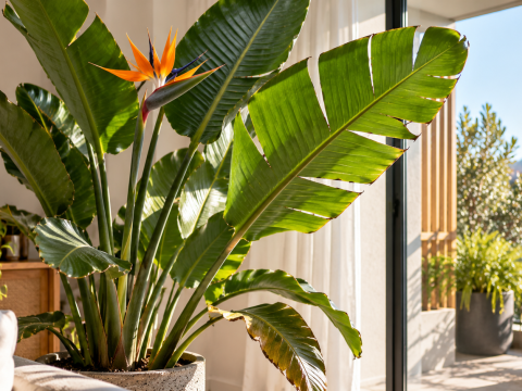 Bird of paradise plant (Strelitzia) with large green leaves showing natural splits and tears, growing in a ceramic pot beside a bright balcony in a modern home.