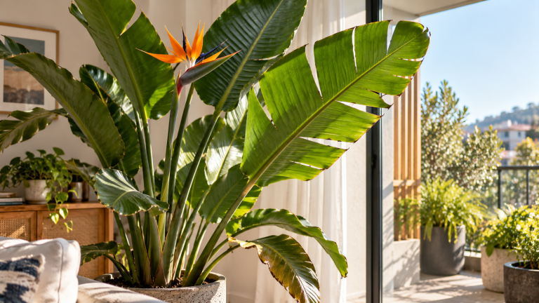 Bird of paradise plant (Strelitzia) with large green leaves showing natural splits and tears, growing in a ceramic pot beside a bright balcony in a modern home.
