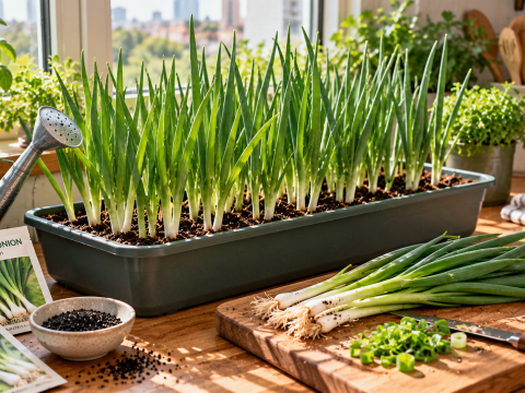 Fresh green onions growing from seeds in a rectangular planter on a sunny kitchen windowsill, with scallion seeds and harvested green onions ready for cooking.