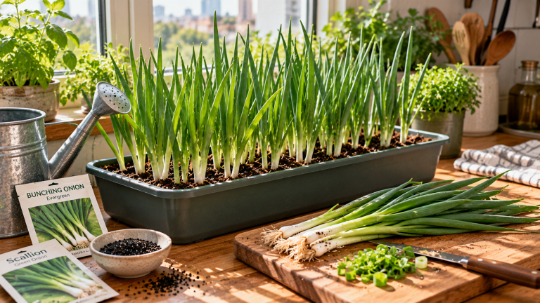 Fresh green onions growing from seeds in a rectangular planter on a sunny kitchen windowsill, with scallion seeds and harvested green onions ready for cooking.
