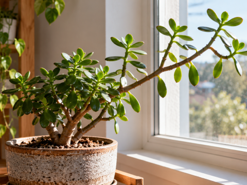 Leggy jade plant (Crassula ovata) with elongated stems, widely spaced green leaves, and uneven growth leaning toward a bright indoor window.