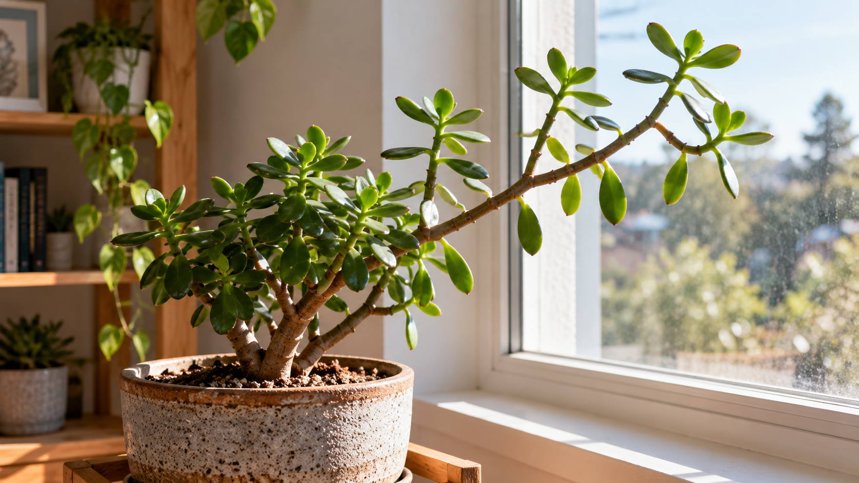 Leggy jade plant (Crassula ovata) with elongated stems, widely spaced green leaves, and uneven growth leaning toward a bright indoor window.