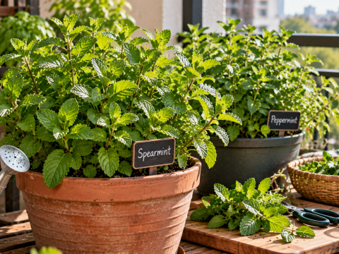 Fresh spearmint and peppermint growing in separate containers on a sunny balcony, with harvested mint leaves, pruning shears, and a cup of homemade mint tea.