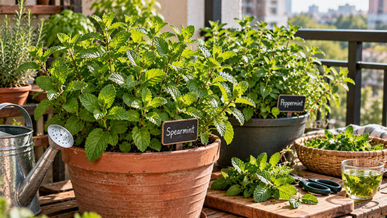Fresh spearmint and peppermint growing in separate containers on a sunny balcony, with harvested mint leaves, pruning shears, and a cup of homemade mint tea.