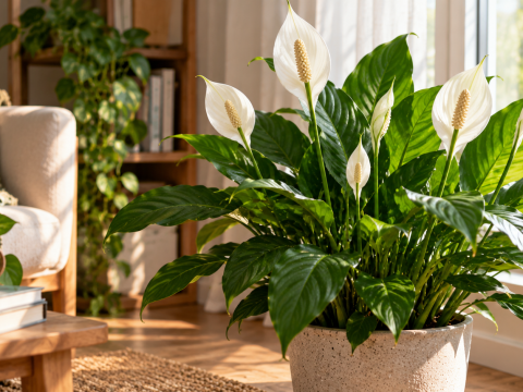 Healthy peace lily with white blooms and lush green leaves growing near a bright window, illustrating indoor light conditions that support peace lily flowering.
