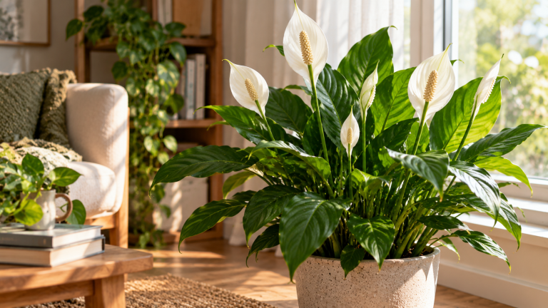 Healthy peace lily with white blooms and lush green leaves growing near a bright window, illustrating indoor light conditions that support peace lily flowering.